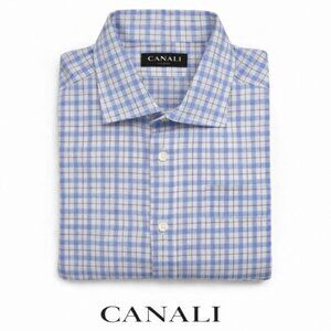 Canali Blue White Check Dress Shirt 47/18.5 Italian Cotton Button-Down